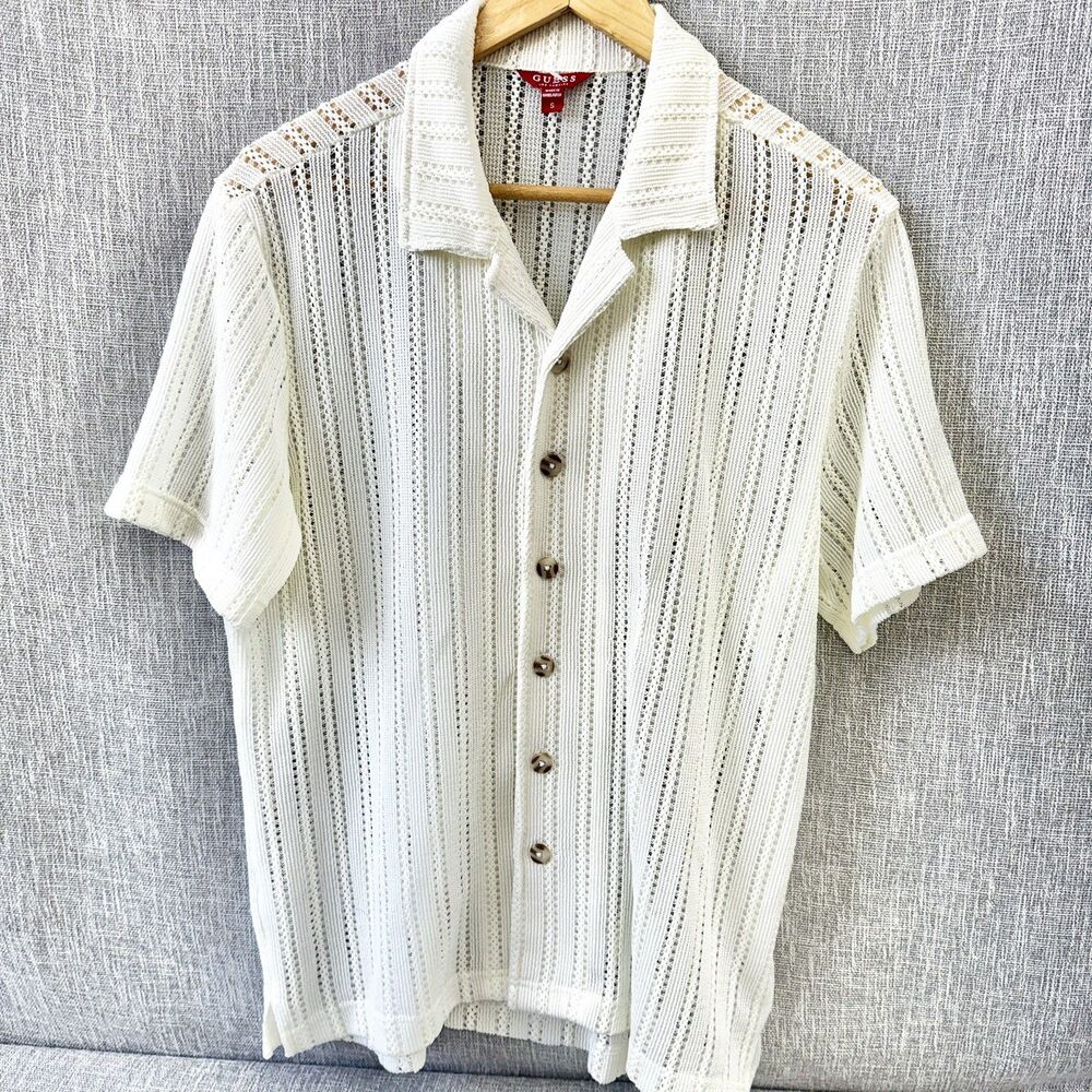 GUESS Mens Open Crochet Knit Button Front Camp Shirt White Cream Resort S New